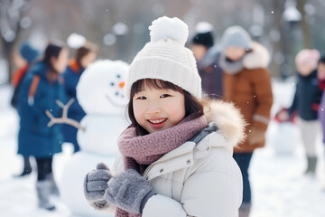 Asian chinese girl building snowman at the crowded park in winter