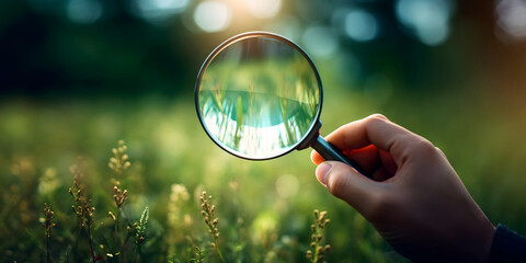 Close-up of human hand holding magnifying glass on nature background, Copy Space