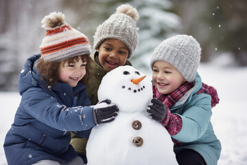 Multiethnic children building snowman at the park in winter