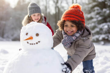 Fototapeta premium Multiethnic children building snowman at the park in winter