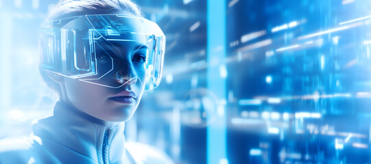 Woman in white suit and futuristic glasses on blue background, Copy Space - obrazy, fototapety, plakaty