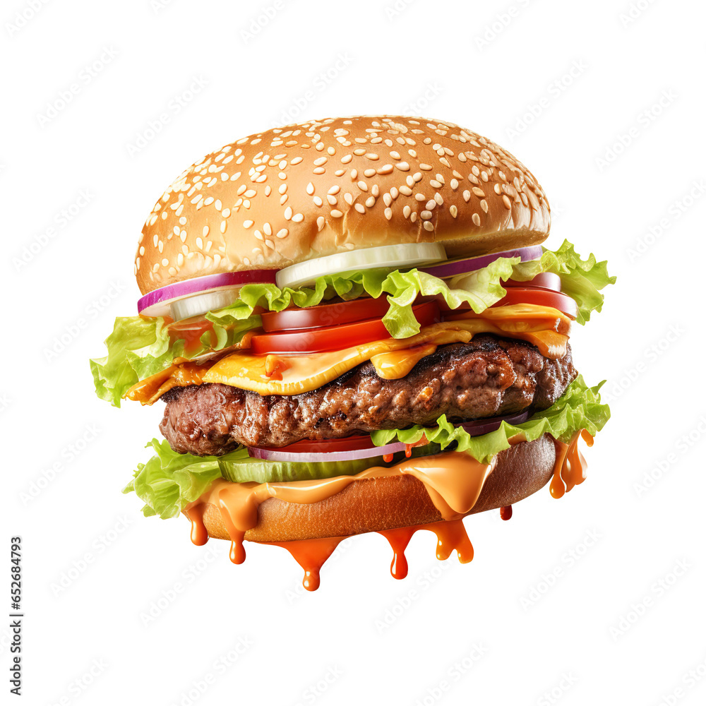 Wall mural flying hamburger isolated on transparent background remove png, clipping path