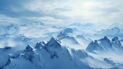 Fototapeta na wymiar Breathtaking aerial view: snow-capped mountain peaks, rugged wilderness