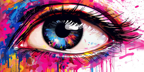 Close-up creative digital painting make-up beautiful female eye with multicolored paints. Watercolor or aquarelle drawing illustration on white background.