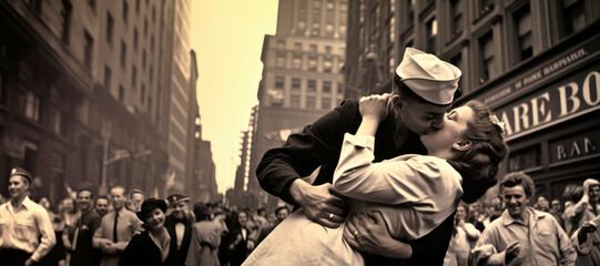 1945 World War II Victory Celebration: A Crowd's Joyful Moments Captured as a Soldier Embraces His...