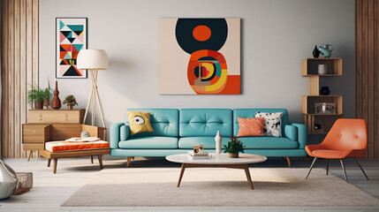 Mid century interior design for a modern living room featuring an elegant sofa, framed artwork, a table, and various accessories