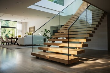 Side perspective of a linear staircase showcasing wooden steps and transparent railing. Generative AI