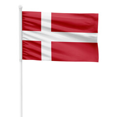 Denmark flag isolated on cutout background. Waving the Denmark flag on a white metal pole.