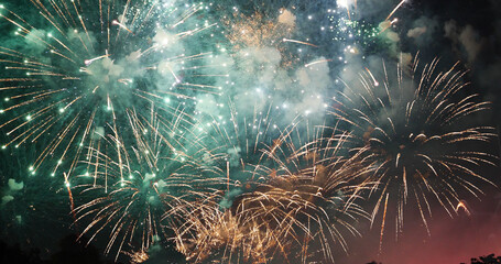 Green Firework celebrate anniversary happy new year 2024, 4th of july holiday festival. Green firework in night time celebrate national holiday. Countdown to new year 2024 festival party time event - obrazy, fototapety, plakaty