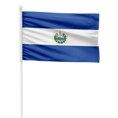 El Salvador flag isolated on cutout background. Waving the El Salvador flag on a white metal pole.