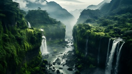 Stunning aerial view: cascading waterfalls amidst lush forest