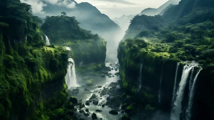 Fotobehang Stunning aerial view: cascading waterfalls amidst lush forest © Abdul