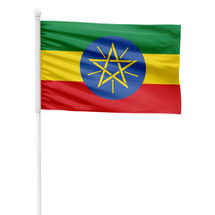 Ethiopia flag isolated on cutout background. Waving the Ethiopia flag on a white metal pole.