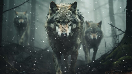 a pack of wolves in a late autumn forest in a snowfall, frontal view of wildlife, predators hunting, fear of attack by wild animals - obrazy, fototapety, plakaty
