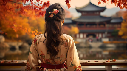 Autumn in Korean national clothes.