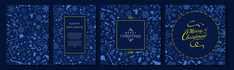 Simple Christmas Card templates in monochromatic blue and yellow highlights. Illustrated Christmas element patterned backgrounds with copy space. Vertical poster, square card layout. Vector.