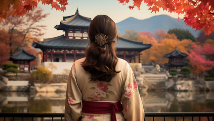 Autumn in Korean national clothes. - obrazy, fototapety, plakaty