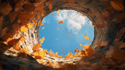round autumn frame of leaves and branches in the form of a rabbit hole view from inside - obrazy, fototapety, plakaty