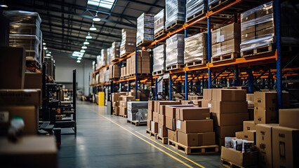 Retail Warehouse full of Shelves with Goods in Cardboard Boxes and Packages. Logistics blurred background. Product distribution center.