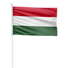 Hungary flag isolated on cutout background. Waving the Hungary flag on a white metal pole.