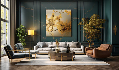 Mid century interior design for a modern living room featuring an elegant sofa, framed artwork, a table, and various accessories - obrazy, fototapety, plakaty