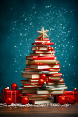 A Christmas tree made of books in colorful fabric covers. Christmas and New Year, education, book publishing, reading, vintage style.