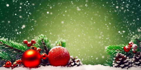 Background on Christmas and New Year's Eve. Festive template with Christmas red balloons and spruce branches. Copy space.