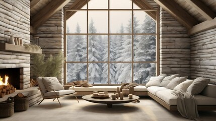 Scandinavian log cabin with fireplace, snowy surroundings, cozy decor