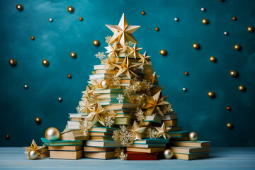A Christmas tree made of books in colorful fabric covers. Christmas and New Year, education, book...
