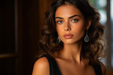 Italian model in black top with large earrings, in the style of shiny eyes - obrazy, fototapety, plakaty