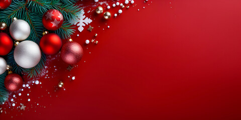 Background on Christmas and New Year's Eve. Festive template with Christmas red balloons and spruce branches. Copy space.