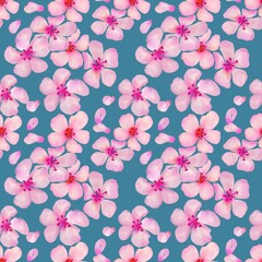 Watercolor cherry blossom seamless pattern with pink flowers
