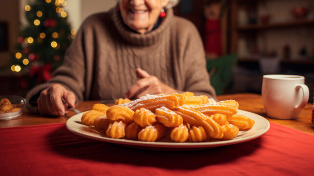 Elderly Lady Embracing Christmas Traditions, Offering Plate of Delicious Holiday Sweets, Festive Delights Abound

