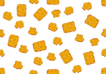 Crispy fried chicken nuggets Fast food seamless pattern cute cartoon design in bright colors Vector illustration for paper cover, interior fabric, white background. and other users.