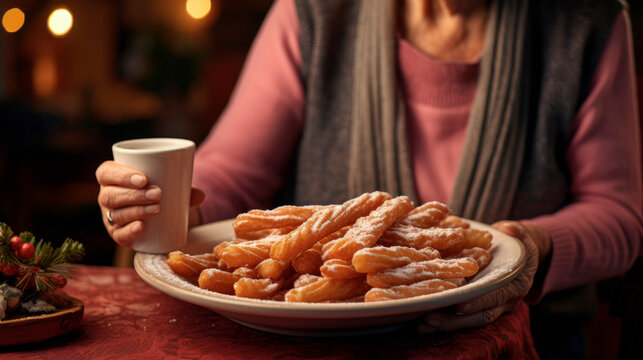 Elderly Lady Embracing Christmas Traditions, Offering Plate of Delicious Holiday Sweets, Festive Delights Abound

