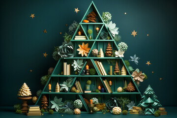 A Christmas tree made of books in colorful fabric covers. Christmas and New Year, education, book publishing, reading, vintage style