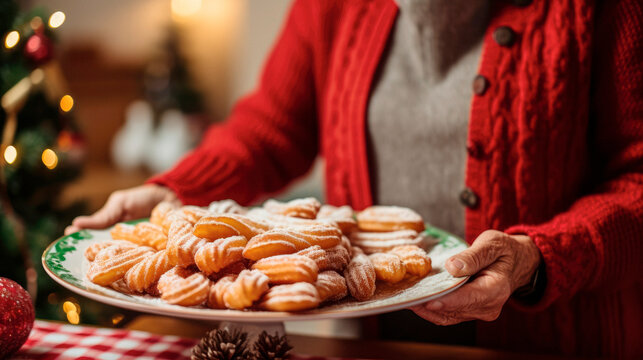 Elderly Lady Embracing Christmas Traditions, Offering Plate of Delicious Holiday Sweets, Festive Delights Abound


