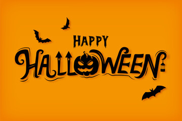 Obraz premium Happy Halloween text lettering typography with decoration elements on orange background, vector illustration
