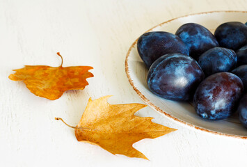 Fresh plums on plate, close up, brown fall leaves on neutral white table background. Autumn still life