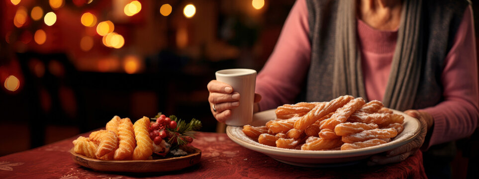 Elderly Lady Embracing Christmas Traditions, Offering Plate of Delicious Holiday Sweets, Festive Delights Abound

