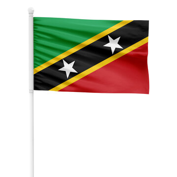 Saint Kitts and Nevis flag isolated on cutout background. Waving the Saint Kitts and Nevis flag on a white metal pole.