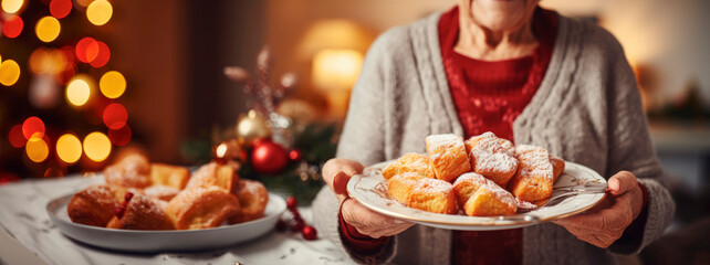 Elderly Lady Embracing Christmas Traditions, Offering Plate of Delicious Holiday Sweets, Festive Delights Abound

