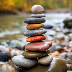 Stack of colorful pebbles on the shore of a mountain river
