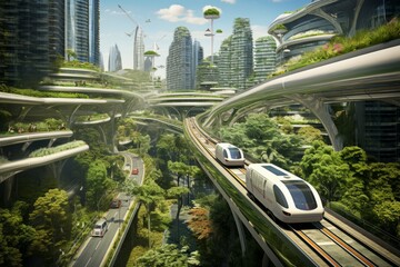 Human and AI Symbiosis in Advanced Urban Landscapes. Futuristic Background with Smart Robots and Androids.