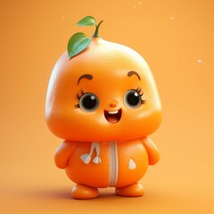 Orange fruit character with green leafs on nature background. 3d illustration