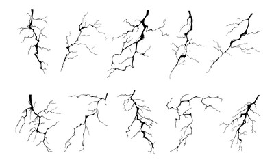 Lightning strike bolt silhouettes vector illustration set. Black thunderbolts and zippers are natural phenomena isolated on a white background. Thunderstorm electric effect of light and shining flash.
