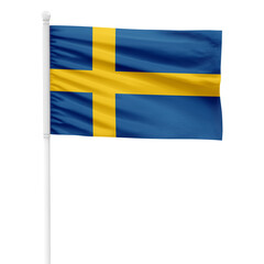Sweden flag isolated on cutout background. Waving the Sweden flag on a white metal pole.