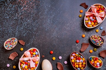 Chocolate Easter Border with Chocolate Eggs and Colorful Candy