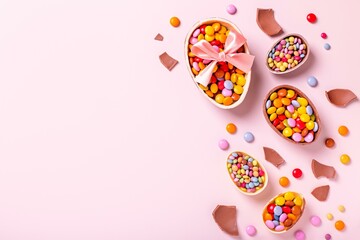 Chocolate Easter Eggs and Candy on Pastel Background
