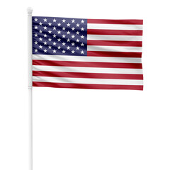 United States flag isolated on cutout background. Waving the United States flag on a white metal pole.